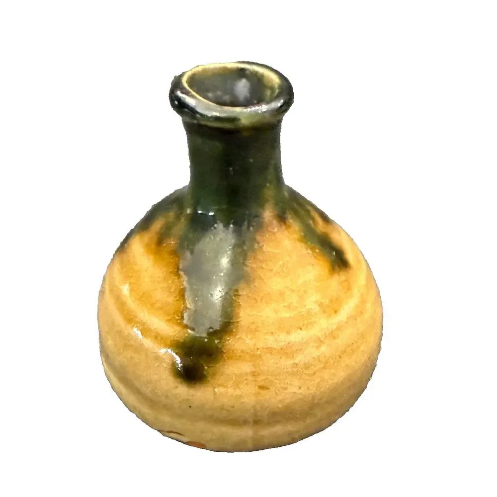 Vintage mini ceramic vase, Green and Beige, Made in Japan, Shorter One